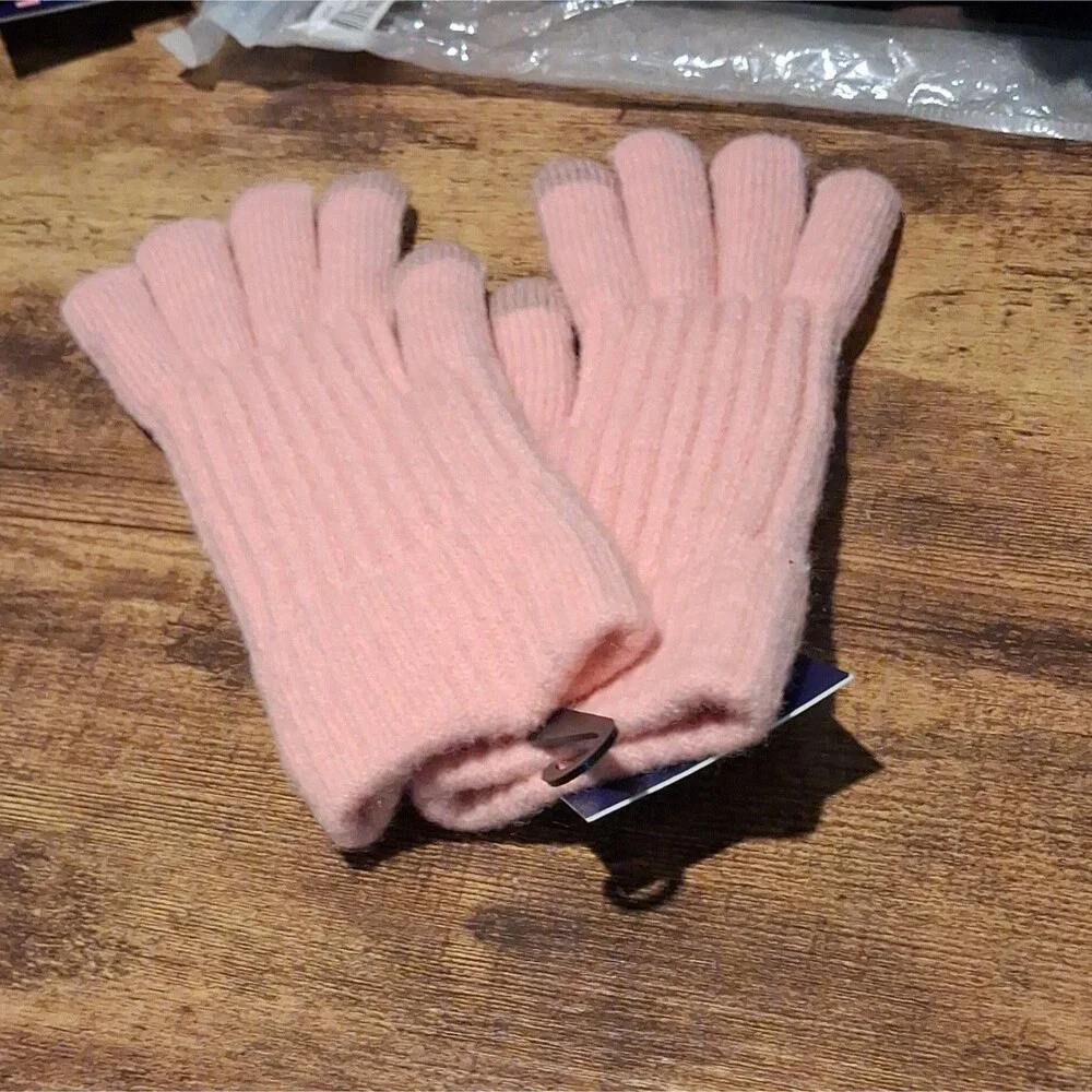 Women's Pink Knit Wrist Gloves with Faux Fur Trim Cuff, One Size